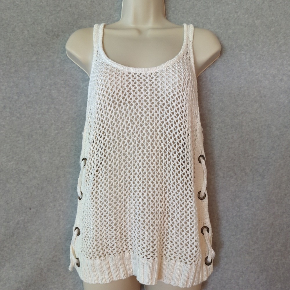 Ava Couture Crochet Knit Tank Top Eyelet Lace-Up Sleeveless Ivory S
